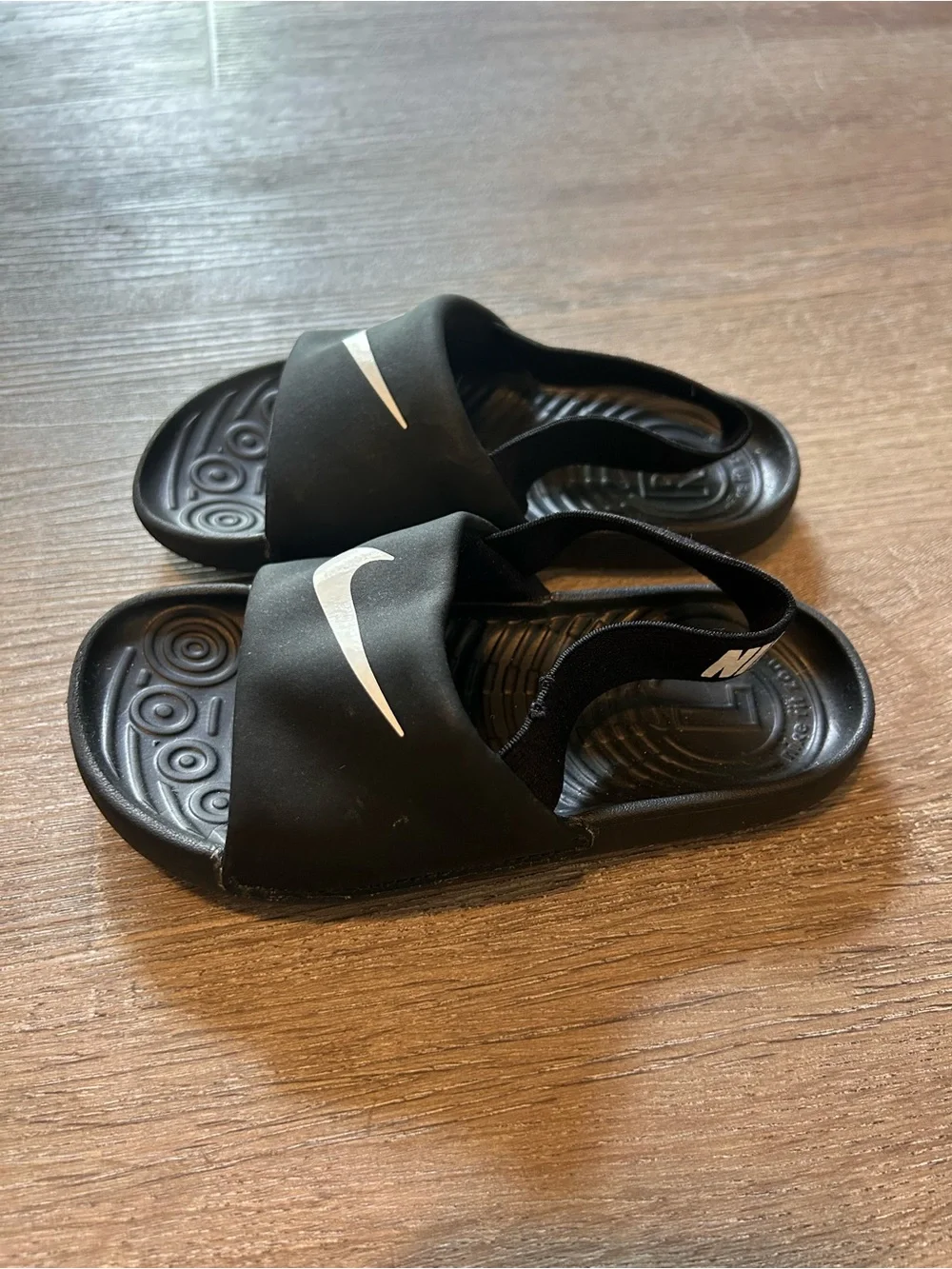 Toddler Nike Black Slides with White Swoosh and Elastic Heel Strap